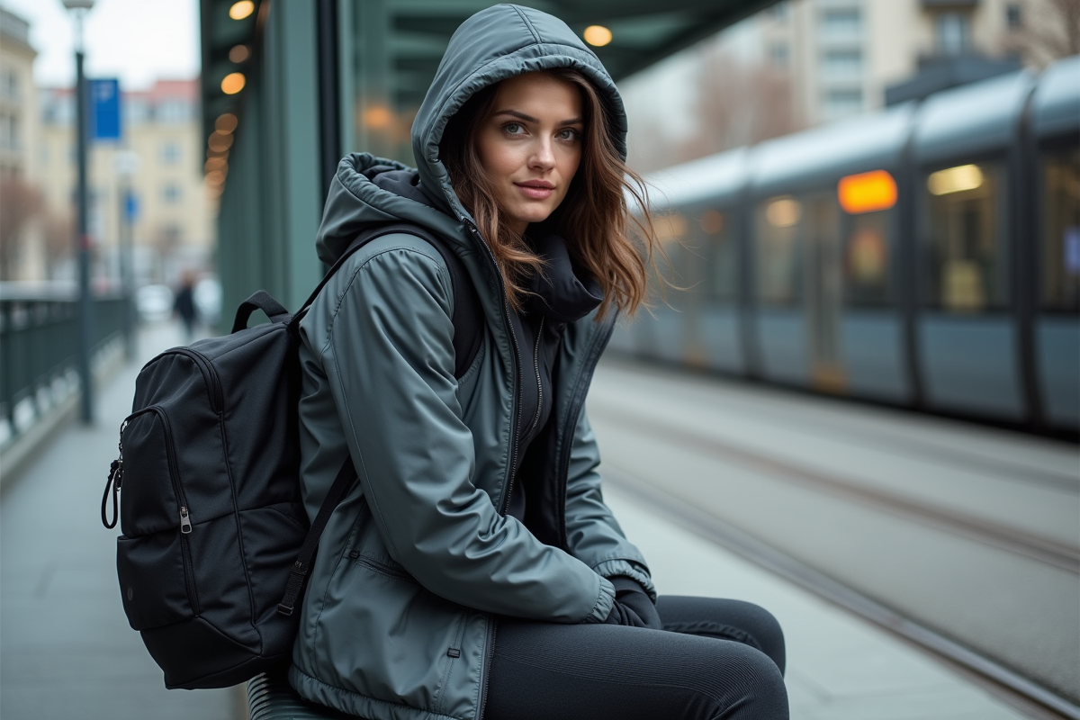 Femme en techwear assise à un arrêt de tram urbain