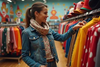 Femme souriante examine un nez de clown dans une boutique colorée