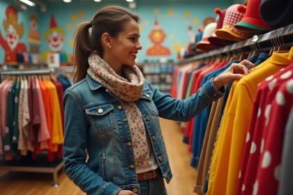 Femme souriante examine un nez de clown dans une boutique colorée