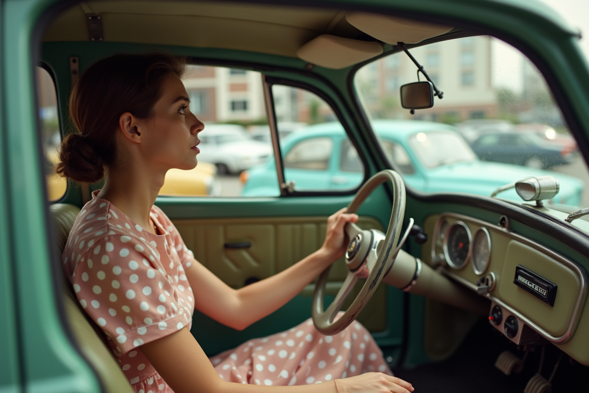 Jeune femme dans une voiture vintage en ville