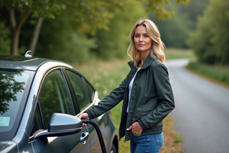 Femme avec voiture hybride dans la nature verte