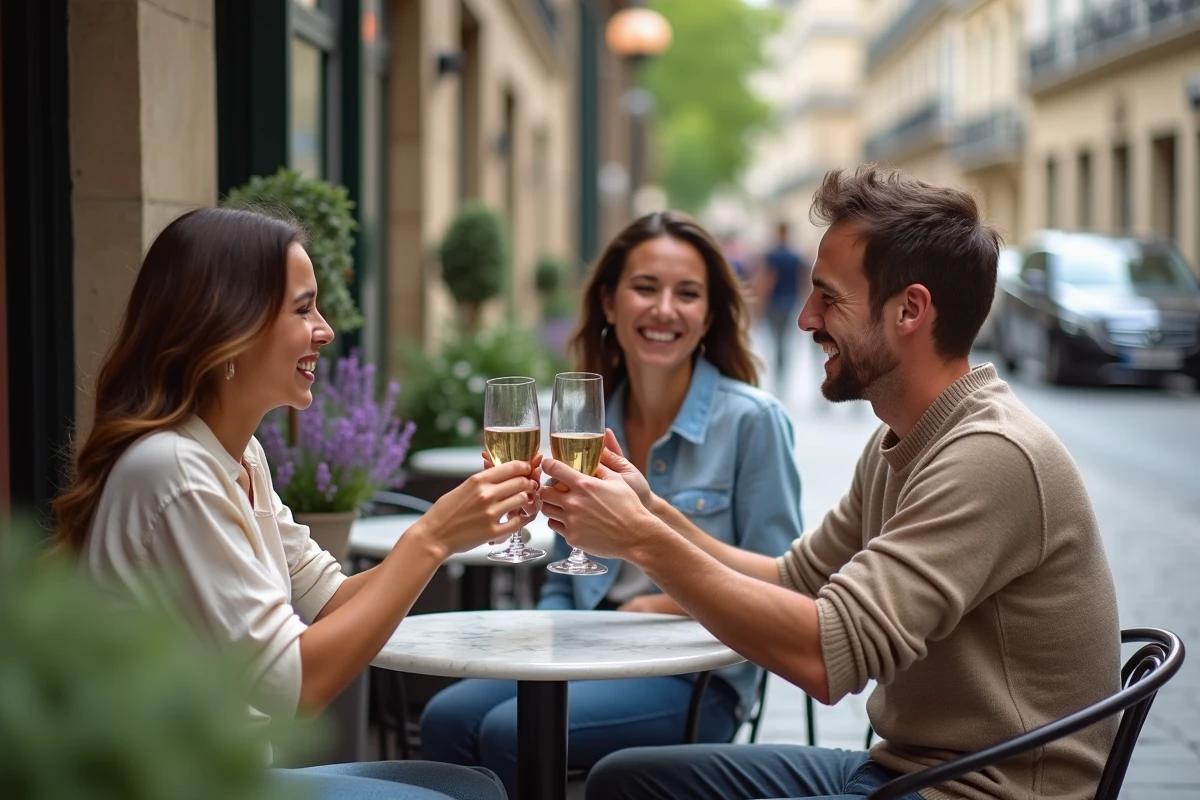 Groupe d'amis trinquant en terrasse de café parisien pour célébrer une fête de prénom, ambiance conviviale et urbaine