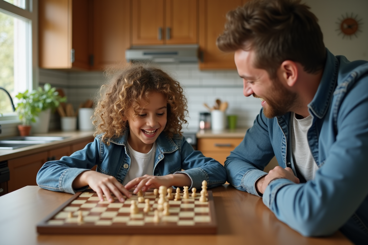 Fille de sept ans riant lors d’un jeu de société avec son père à la cuisine