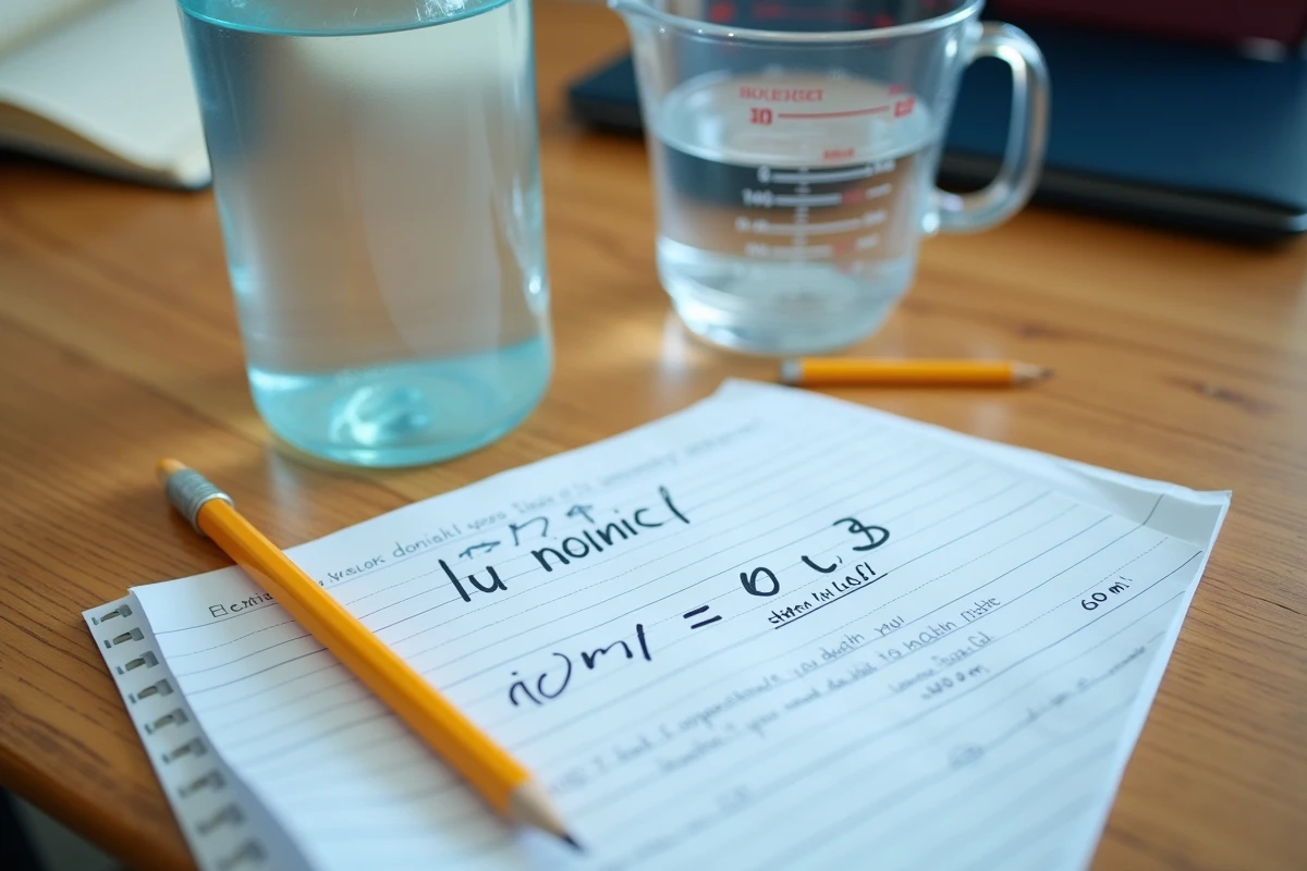 Vue à plat d'une bouteille de 600 ml, un verre mesureur d'un litre et une fiche de conversion millilitres en litres sur un bureau scolaire