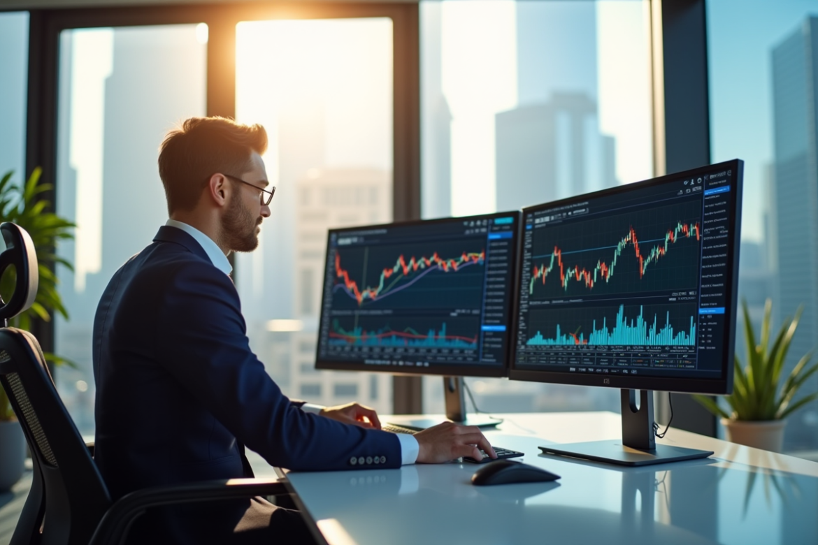 Gestionnaire financier travaillant sur un bureau moderne avec graphiques