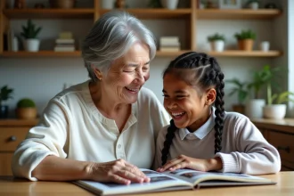 Une grand-mère souriante avec une adolescente partageant un album photo