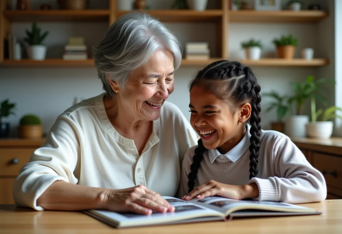 Une grand-mère souriante avec une adolescente partageant un album photo