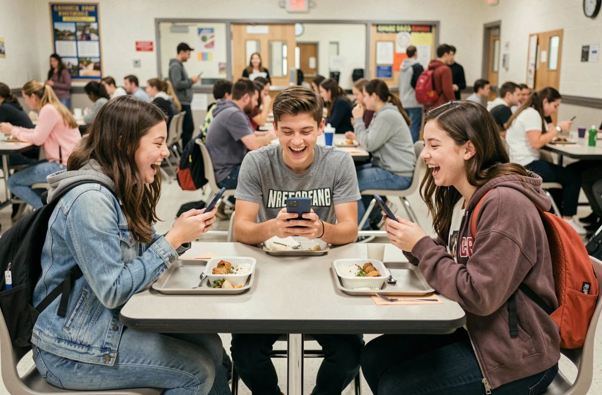 Groupe d'adolescents riant ensemble à la cafétéria scolaire en regardant des messages sur leurs téléphones, illustrant la communication et l'argot des jeunes