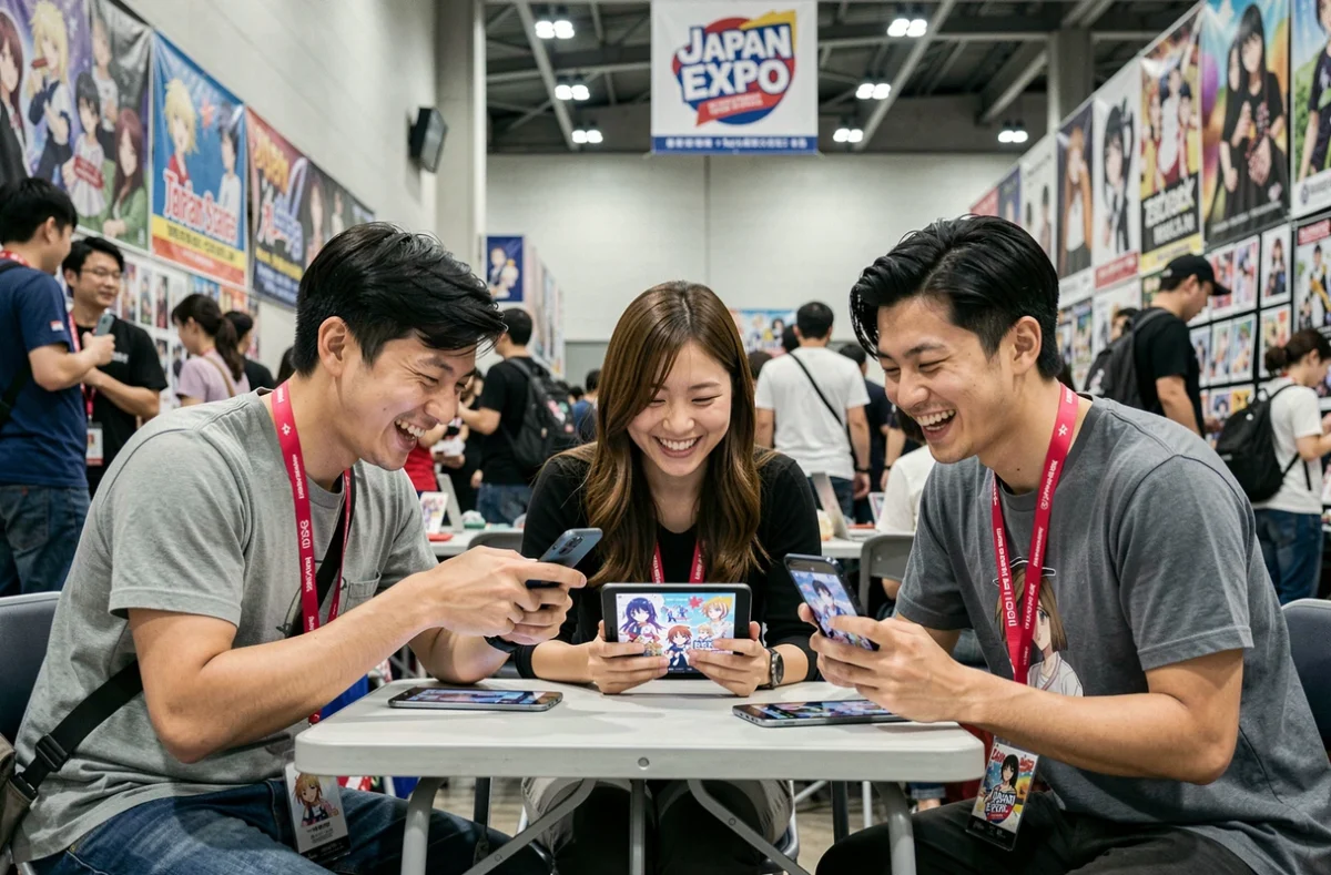 Groupe de jeunes adultes à une convention anime regardant des mèmes waifu sur leurs téléphones et tablettes
