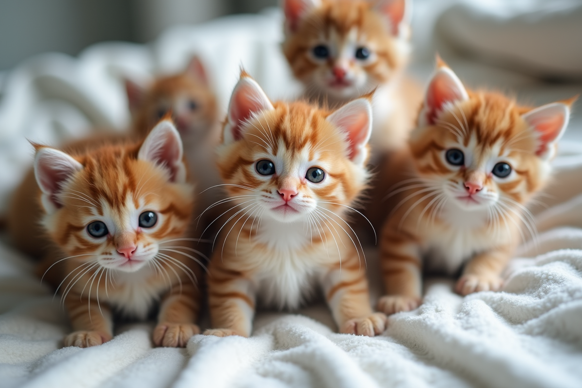 Groupe de chatons jouant sur une couverture douce