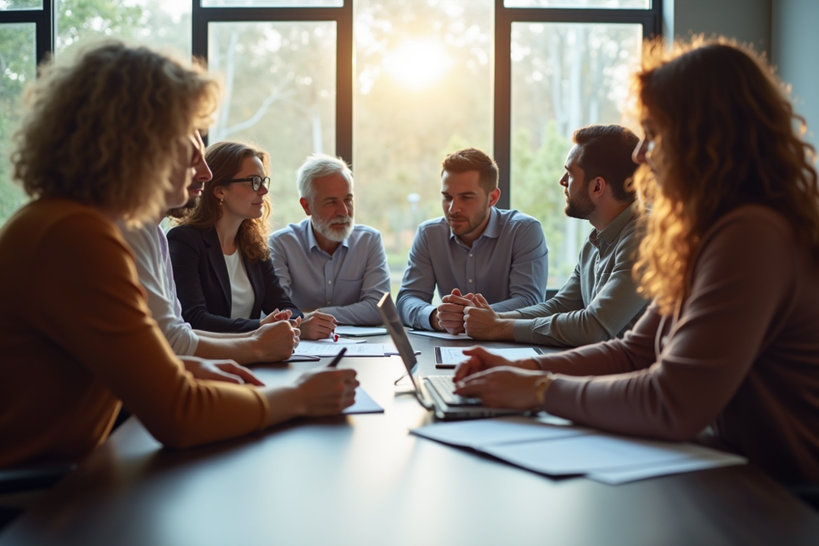 Groupe diversifié en réunion de réflexion collaborative