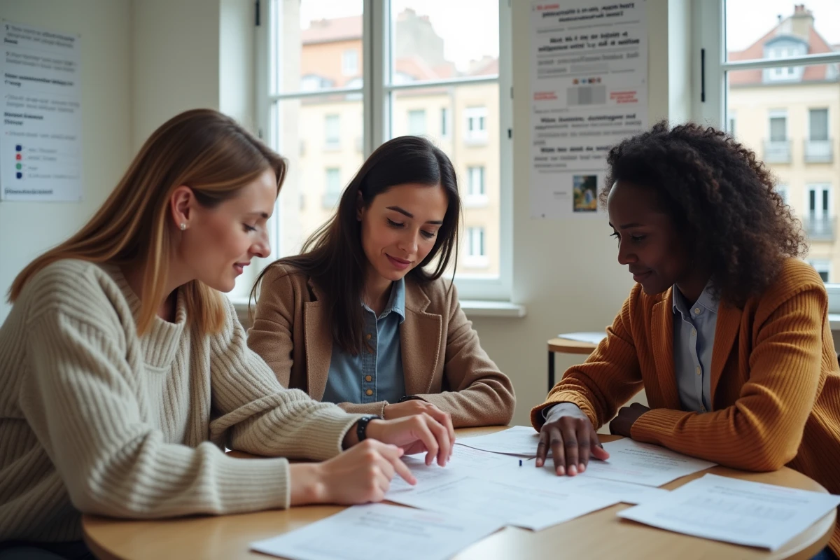 Groupe de personnes étudiant ensemble les critères d'obtention de la nationalité française