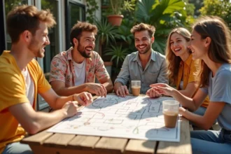Groupe de jeunes adultes jouant au jeu du palmier alcool autour d'une table en bois dans un jardin, ambiance détendue et conviviale