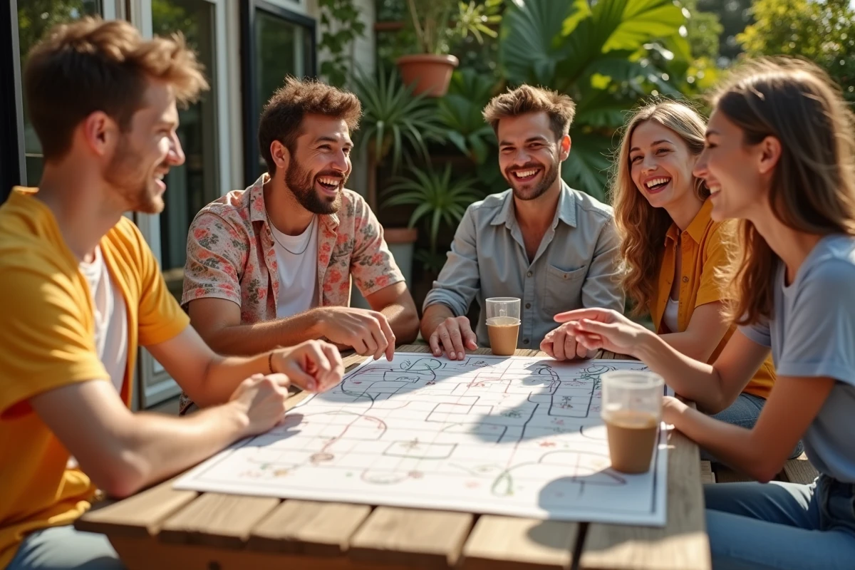 Groupe de jeunes adultes jouant au jeu du palmier alcool autour d'une table en bois dans un jardin, ambiance détendue et conviviale