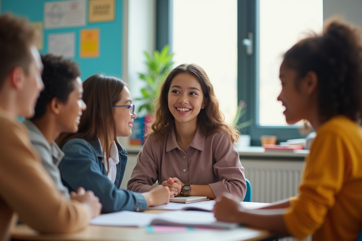 Groupe de jeunes en classe lumineuse avec professeur
