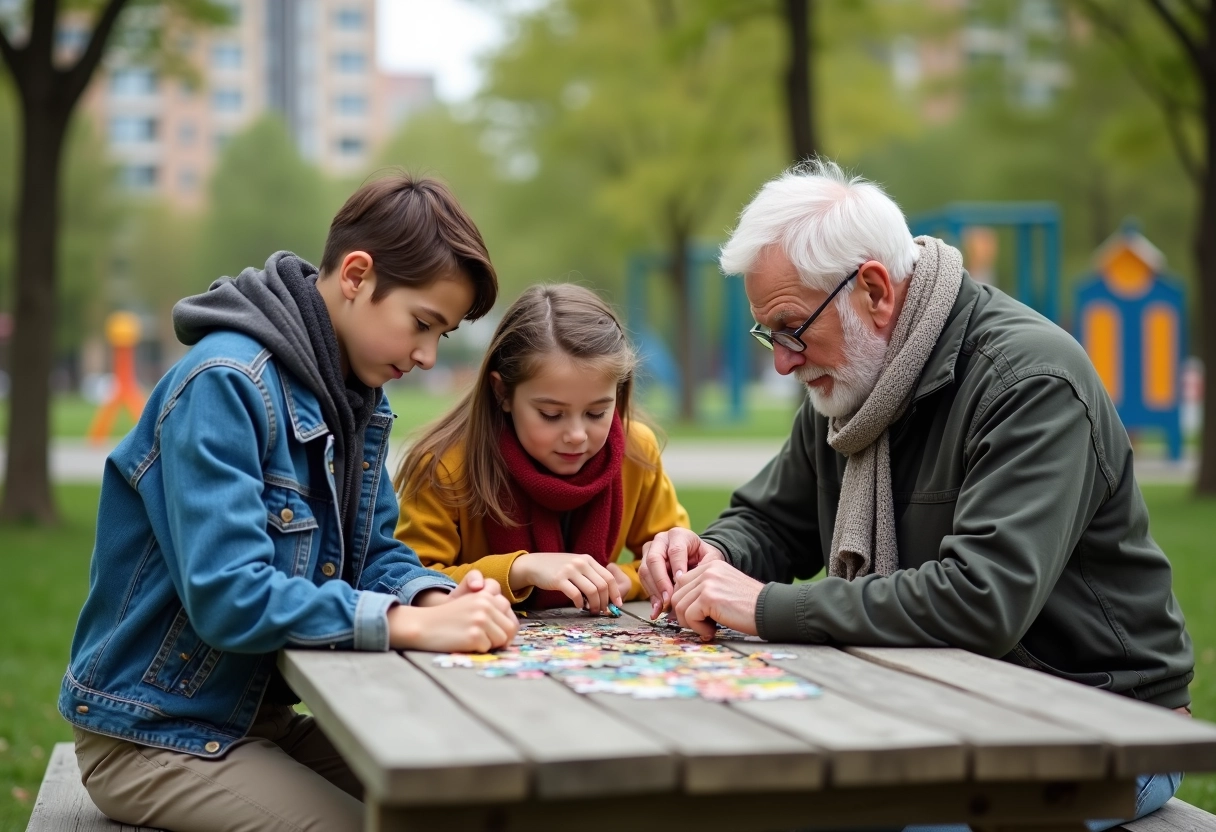 Trois générations construisant un puzzle dans un parc urbain