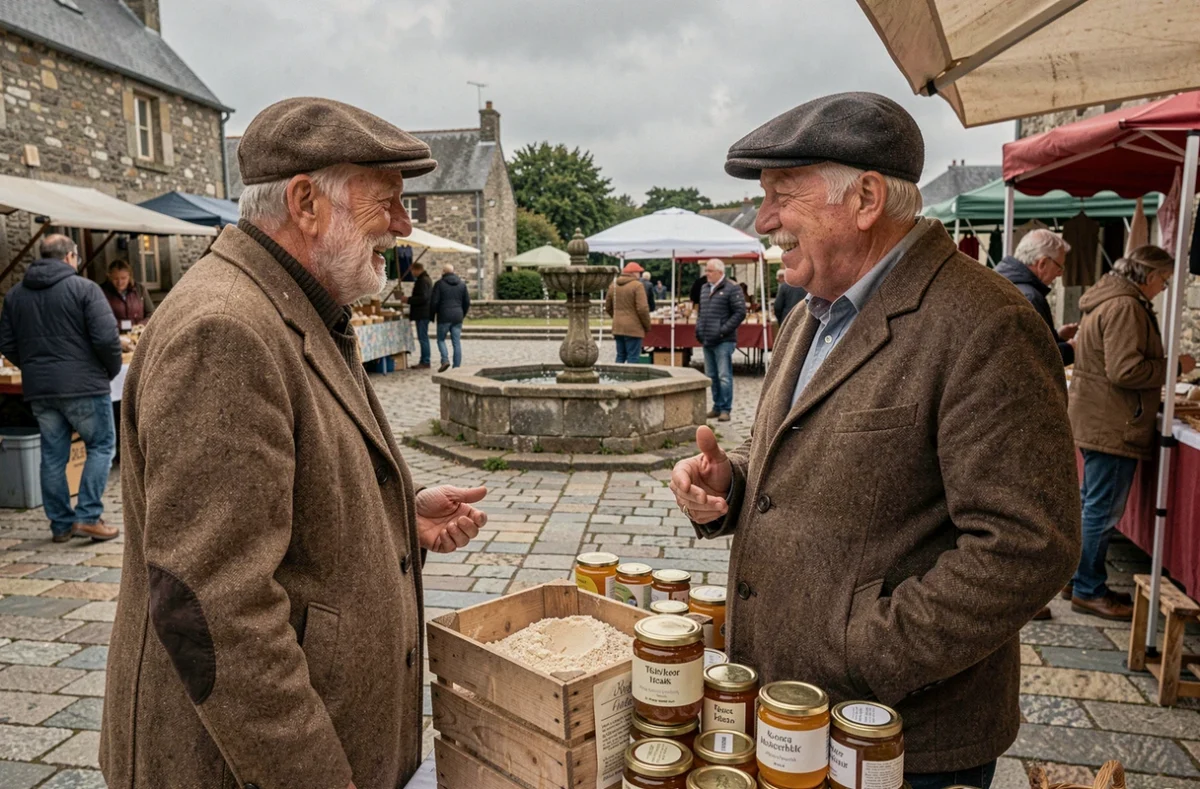 Deux habitants échangeant près d'un étal de produits locaux au marché hebdomadaire de Plouguerneau