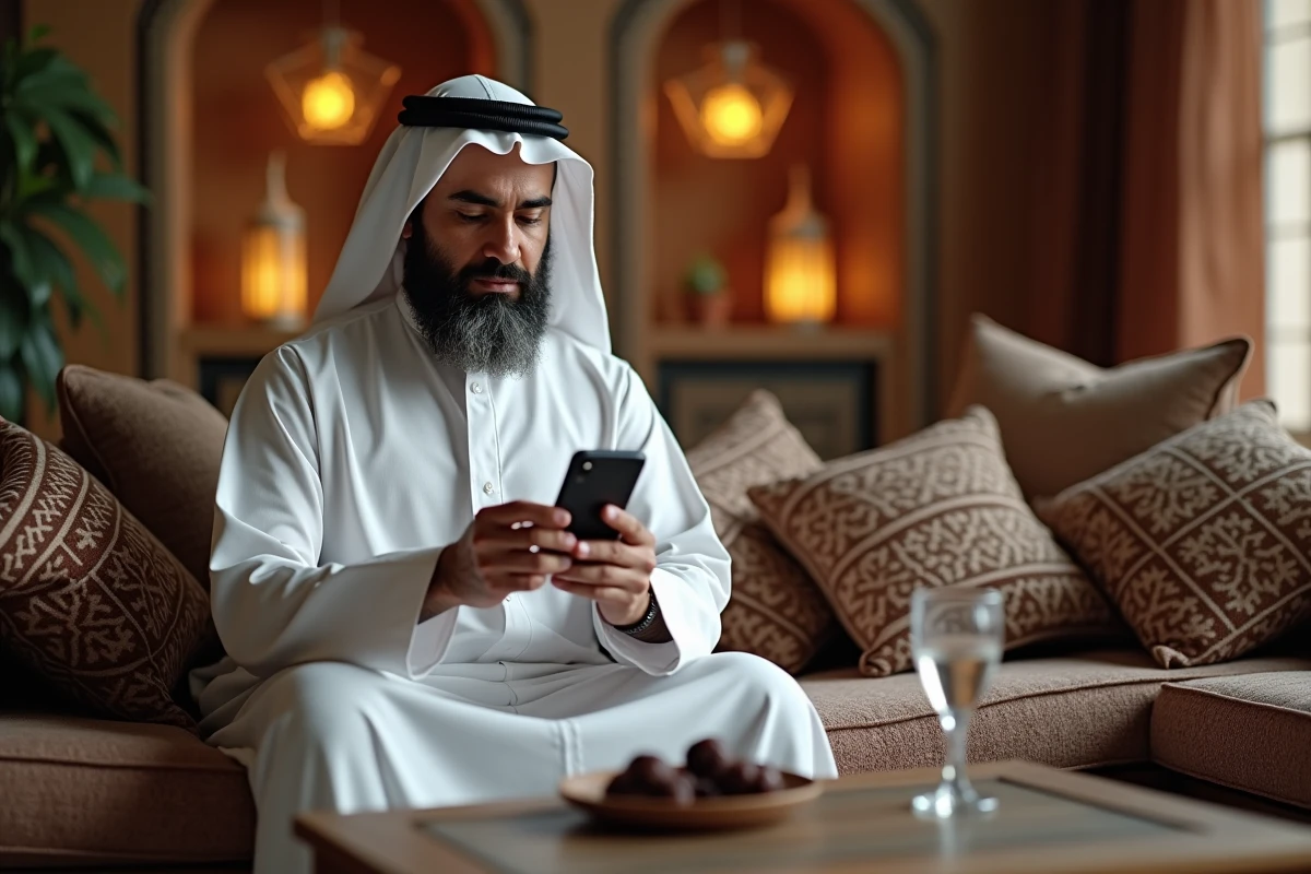 Homme algérien en qamis blanc écrivant un message de réponse pour le ftour du ramadan sur son smartphone dans un salon traditionnel