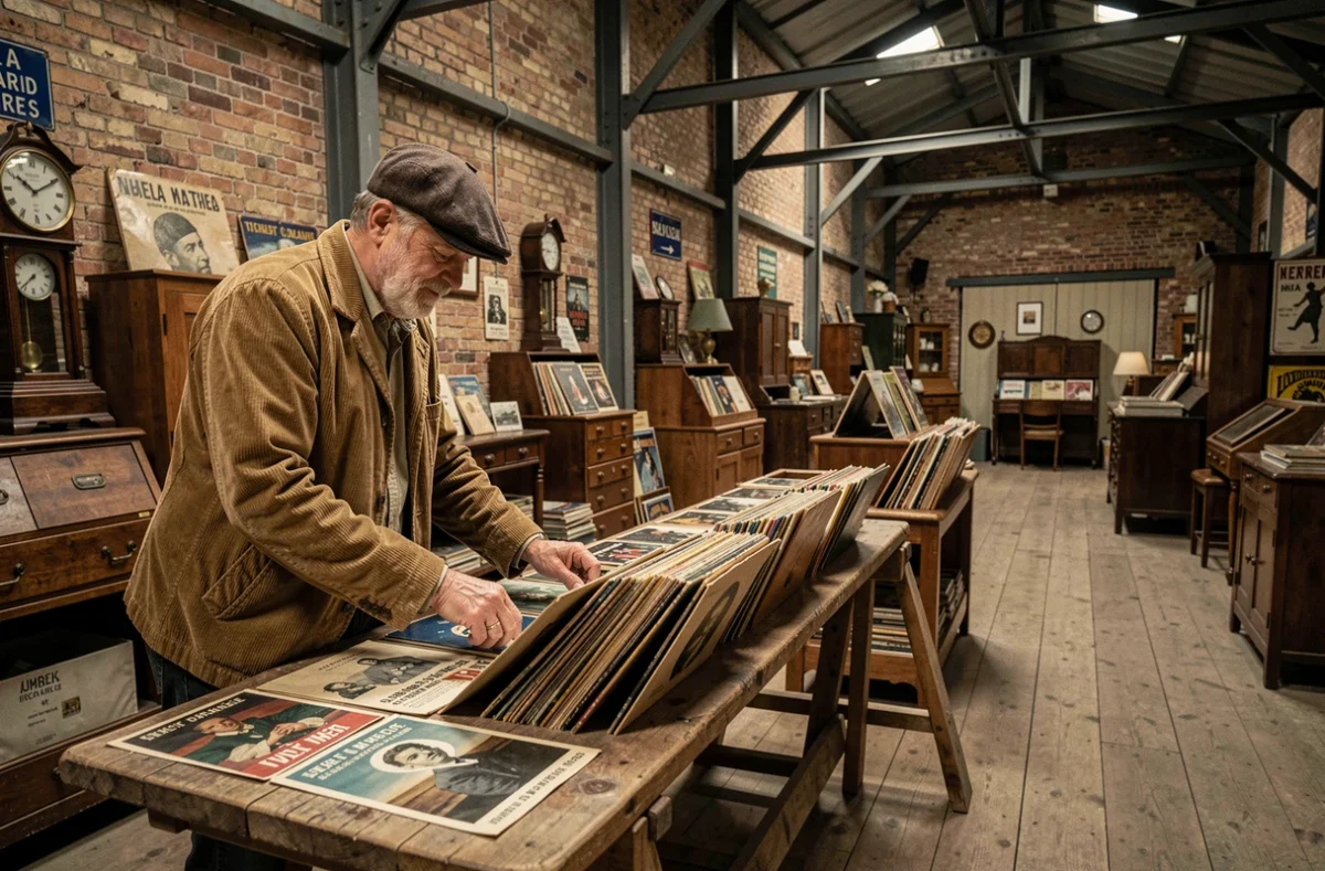 Homme fouillant des disques vinyles et des affiches anciennes dans un entrepôt d'antiquités du département du Nord