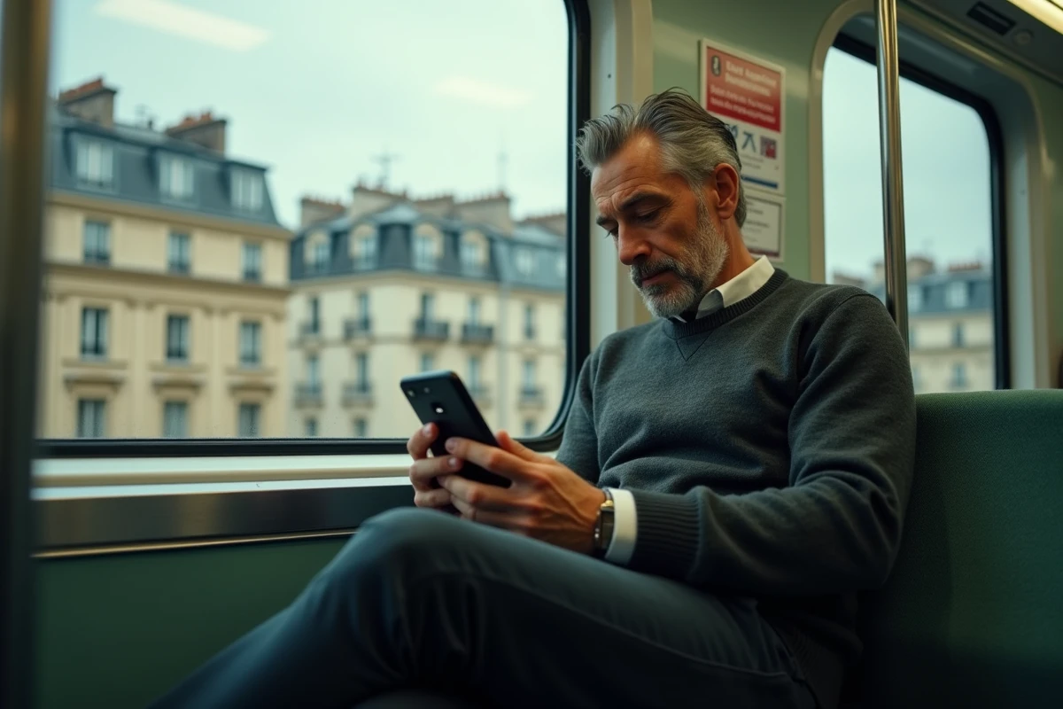 Homme consultant une application de correspondances métro dans un wagon de la ligne 6 à Paris