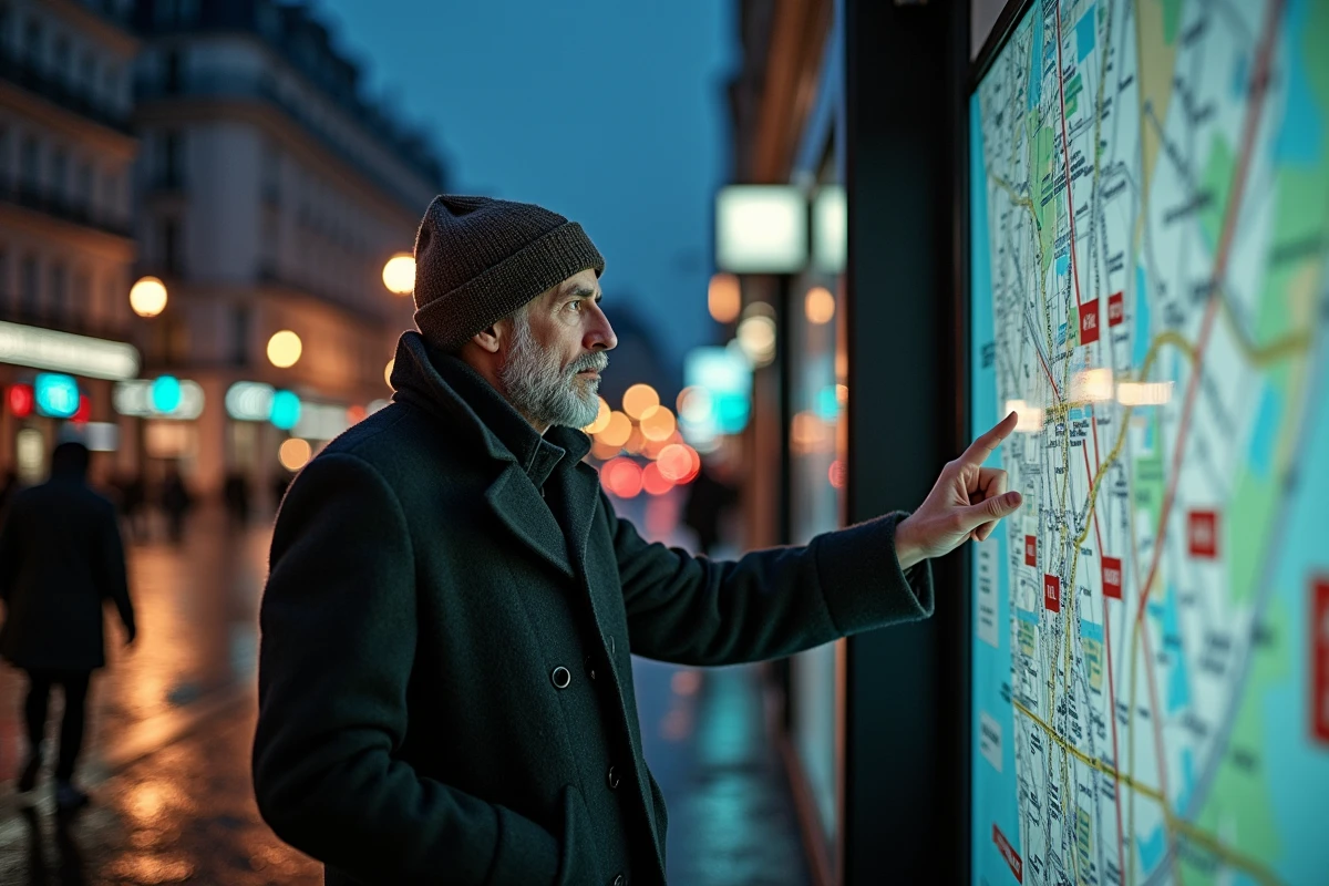 Homme regardant une carte dans une rue parisienne nocturne