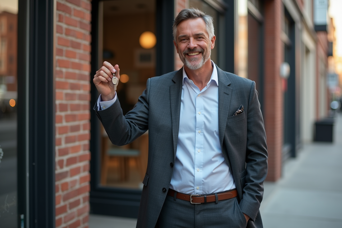 Homme souriant devant sa boutique en ville