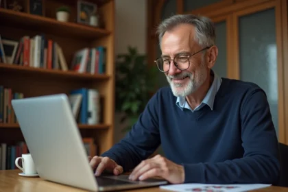 Homme jouant à la belote en ligne sur un ordinateur portable dans un bureau confortable
