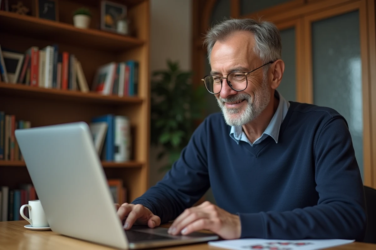Homme jouant à la belote en ligne sur un ordinateur portable dans un bureau confortable