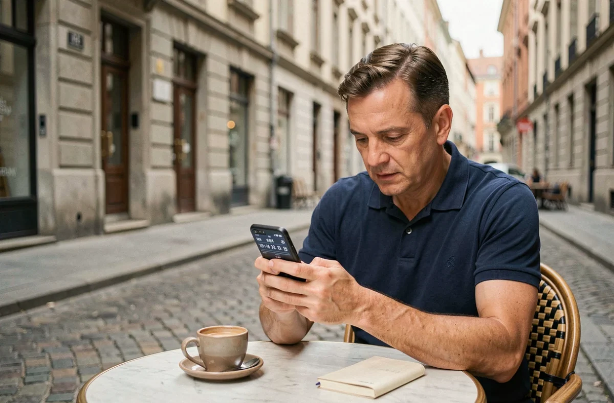 Homme consultant son téléphone dans un café européen pour composer un numéro avec un indicatif international