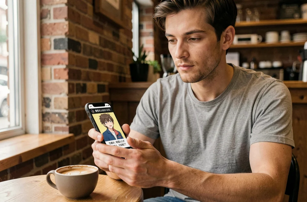 Homme seul dans un café regardant un mème waifu sur son smartphone, illustrant l'évolution de la culture internet