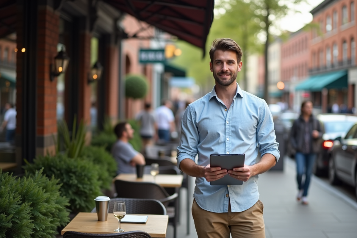 Homme en extérieur dans un café urbain avec tablette