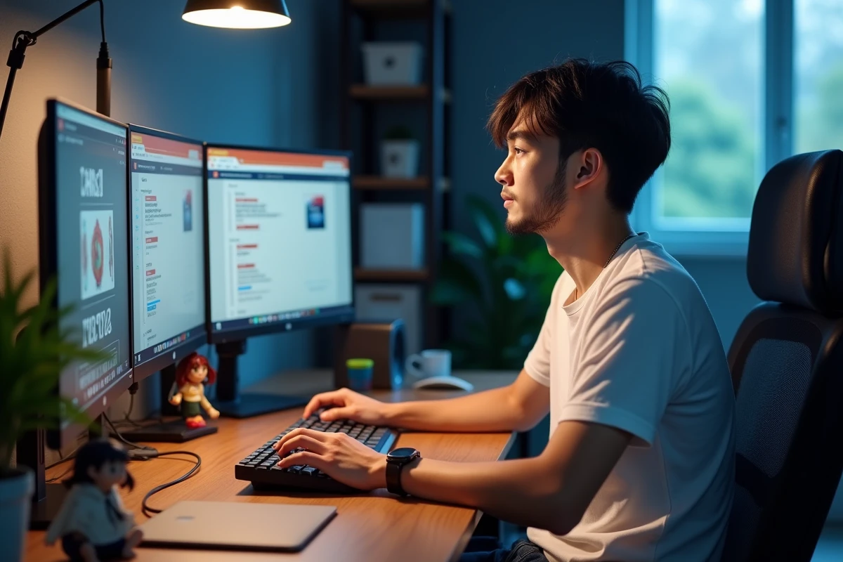 Homme consultant un calendrier de sorties d'animés sur un ordinateur de bureau dans un espace de travail à domicile