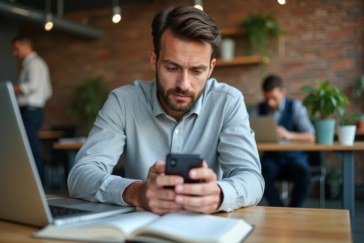 Homme en télétravail dans un espace de coworking rédigeant un SMS professionnel sur son téléphone avec un guide de style ouvert à côté