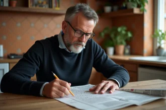 Homme d'âge moyen étudiant un mots croisés dans la cuisine