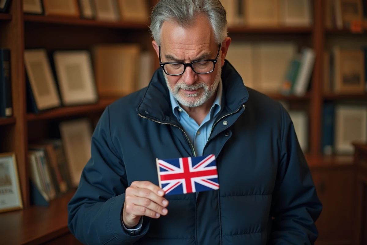 Homme tenant un petit drapeau Union Jack et l'examinant attentivement dans un musée du patrimoine britannique