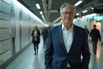 Homme d'une soixantaine d'années devant un mur de hauteur dans une gare moderne