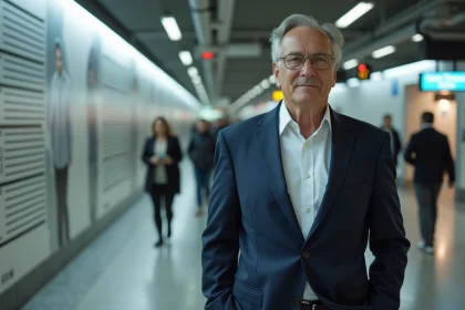 Homme d'une soixantaine d'années devant un mur de hauteur dans une gare moderne