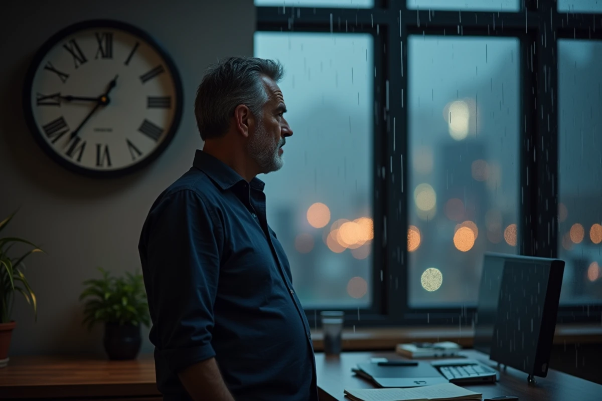 Homme contemplant une horloge analogique indiquant 21h21 dans un bureau la nuit, symbole de synchronicité et d'heure miroir
