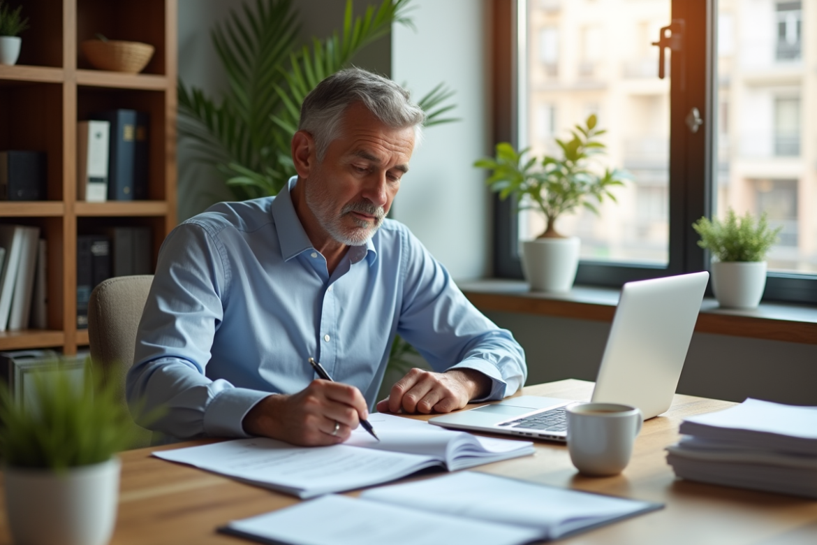 Homme d'âge moyen lisant des documents immobiliers dans un intérieur moderne