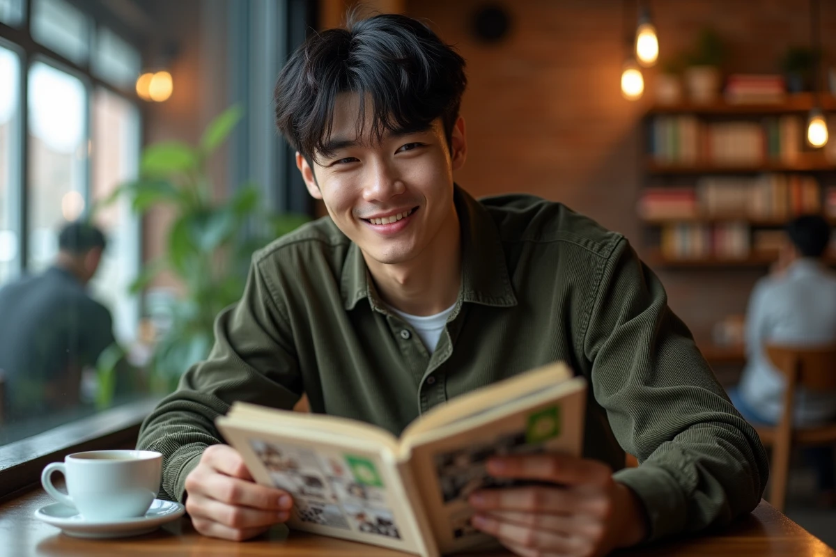 Jeune homme lisant un one-shot manga yaoi dans un café urbain avec une expression détendue