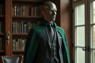 Homme en masque métallique dans un bureau ancien