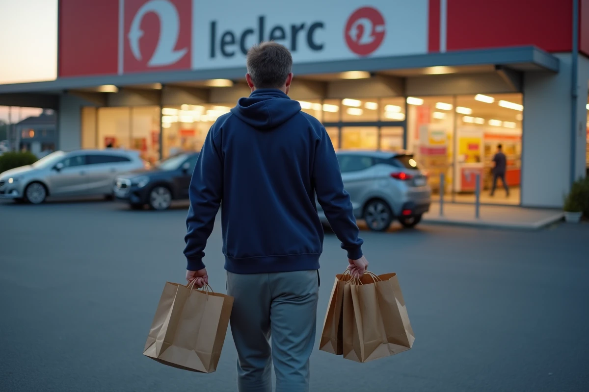 Homme récupérant ses courses au guichet du drive Leclerc Senlis en soirée