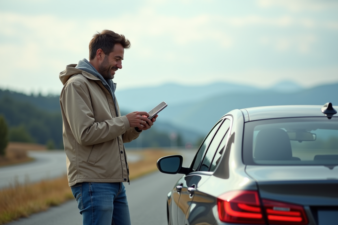 Homme en balade avec voiture économe sur route panoramique