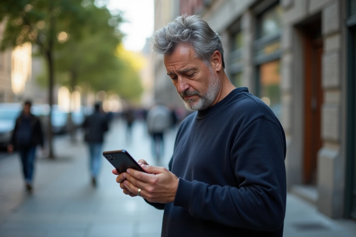 Homme en ville regardant son téléphone affichant 08h08, interprétation des nombres répétitifs et signes spirituels
