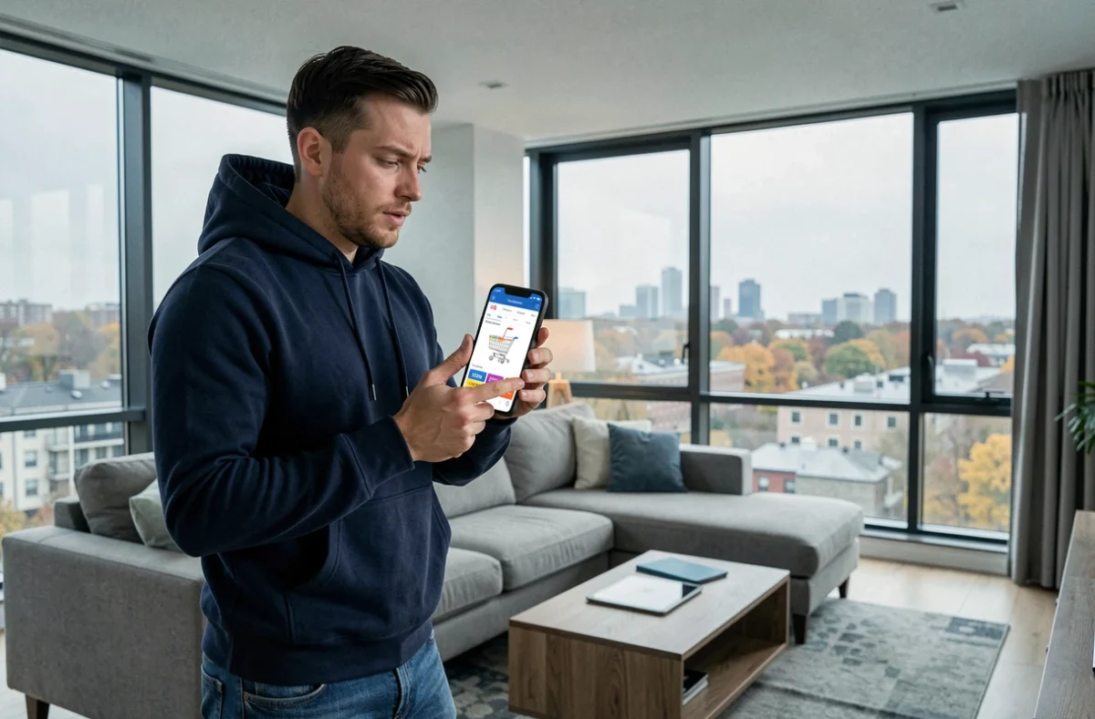 Homme consultant son application de shopping en ligne sur smartphone pour profiter des offres Black Friday 2026 en France