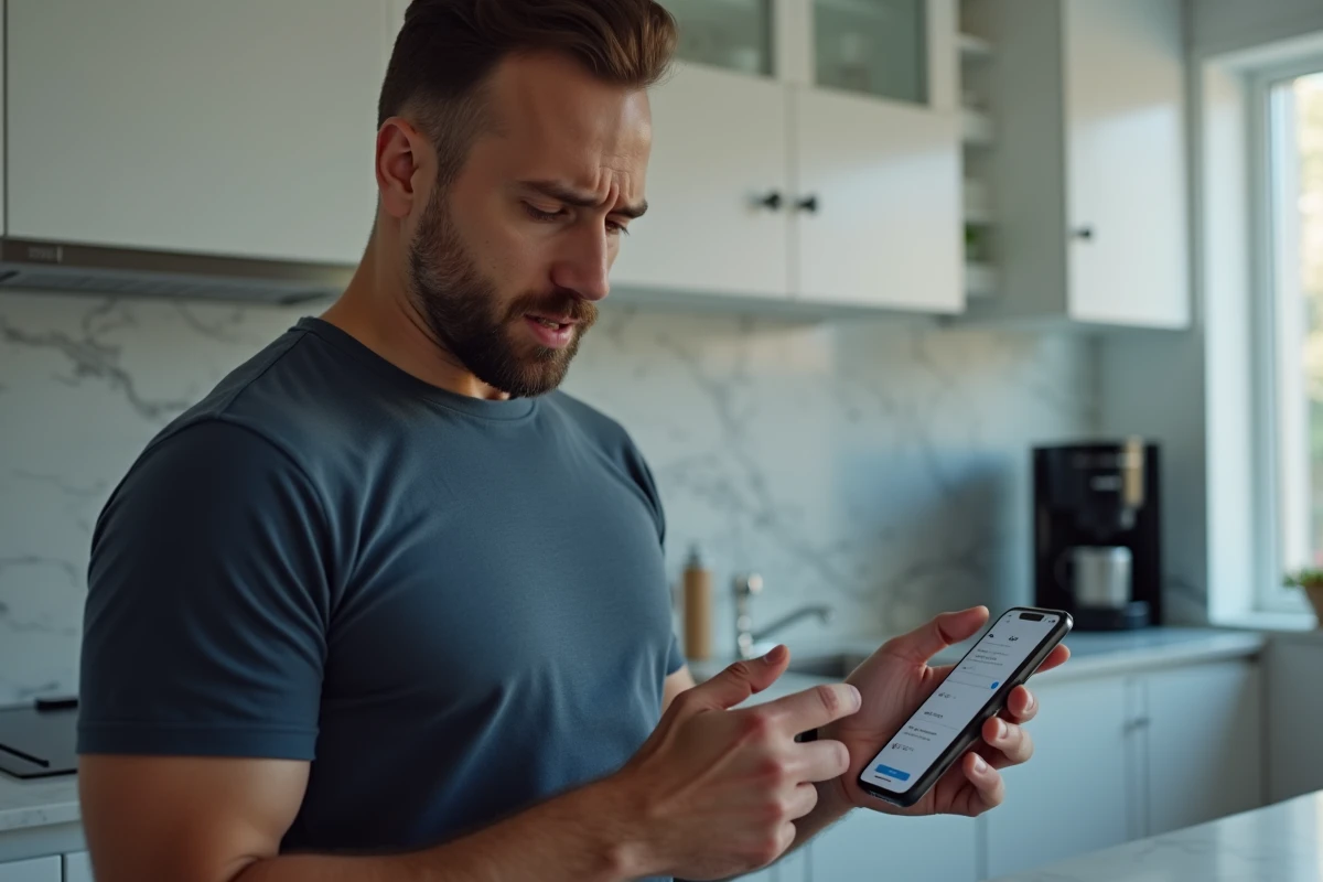 Homme consultant les paramètres d'abonnement Amazon Prime sur son smartphone dans une cuisine moderne