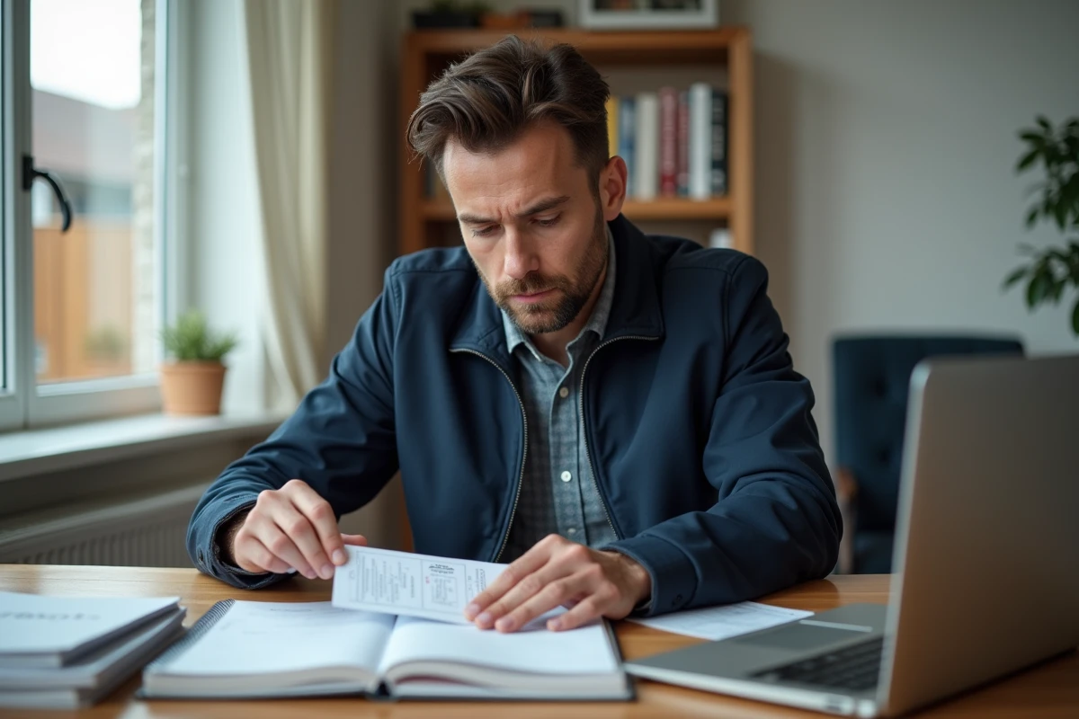 Homme d'âge moyen triant des factures de carburant dans un bureau