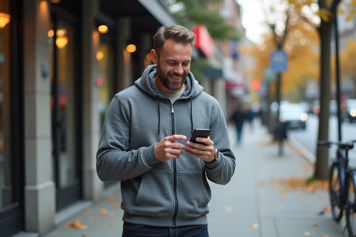 Homme consultant une application de vente en ligne pour sécuriser une transaction en milieu urbain