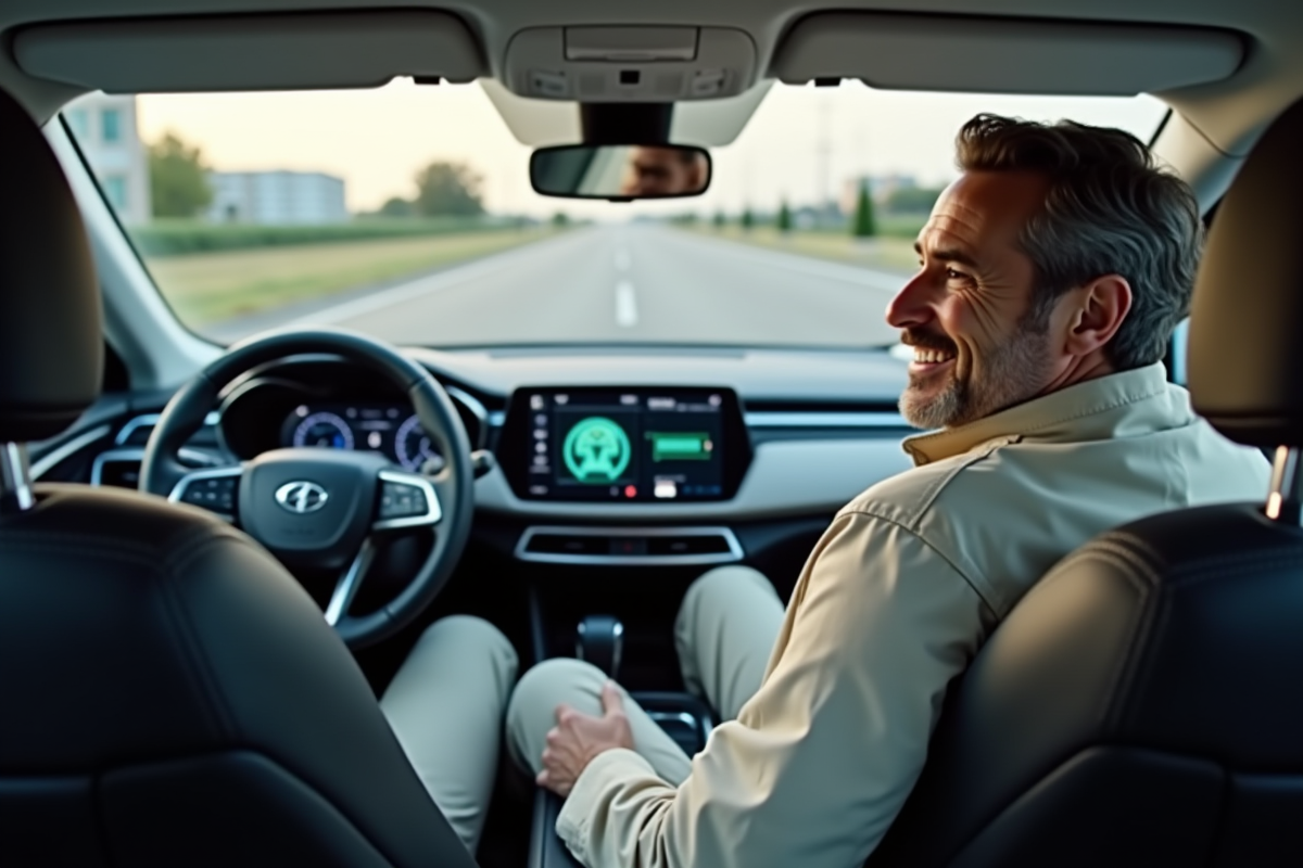 Homme dans voiture hybride en ville avec tableau de bord