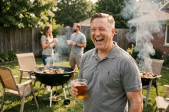Homme souriant en polo tenant une bière lors d'un barbecue entre amis, incarnant l'humour populaire assumé